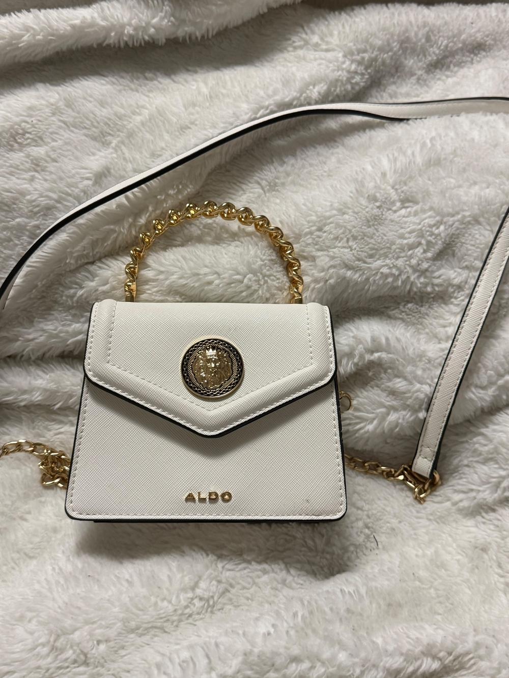 Aldo White Mini Top-Handle Crossbody with Gold Hardware